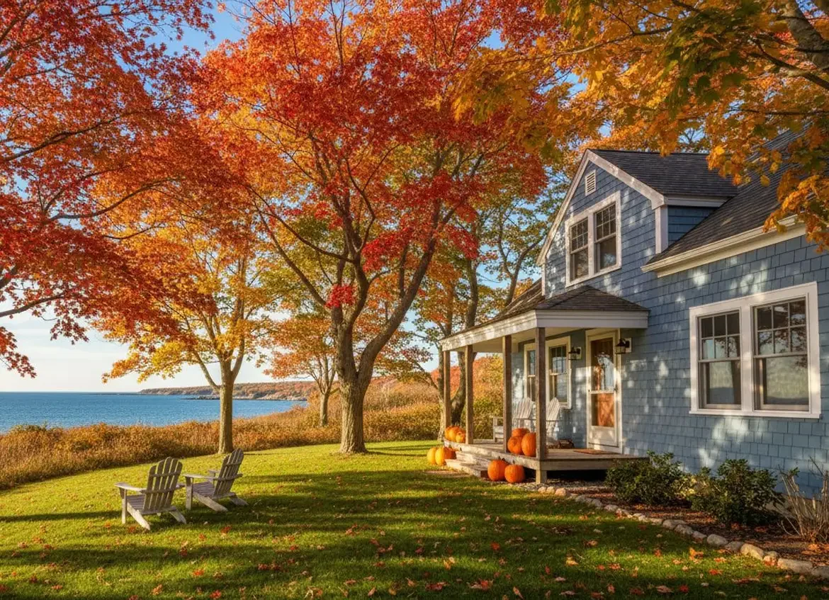 Cozy coastal home, warm sunlight, maple trees and wooden porch.